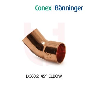 A copper 45-degree elbow pipe fitting labeled "DC606" against a white background.