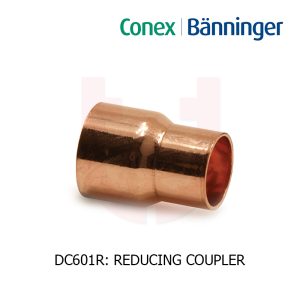 A polished copper reducing coupler fitting labeled "DC601R" on a white backdrop.