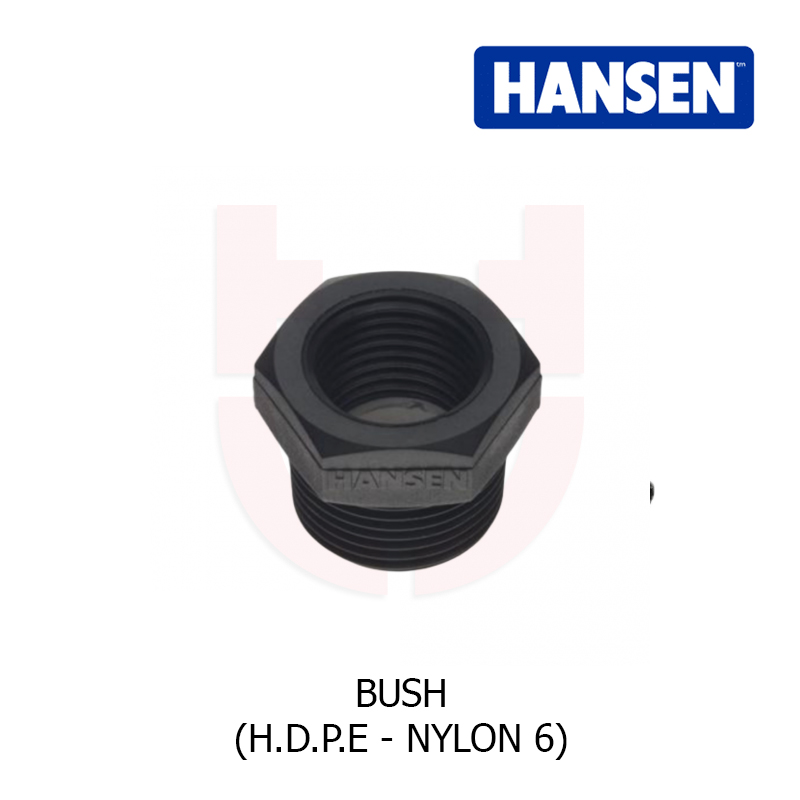 Black HDPE 'bush' pipe fitting that resembles a corkscrew, with a 'HANSEN' logo embedded at the side.