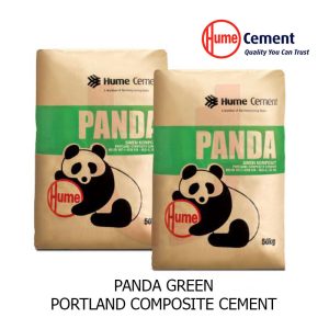 Two bags of Hume Panda Green Portland Composite Cement with logo and weight indicated.