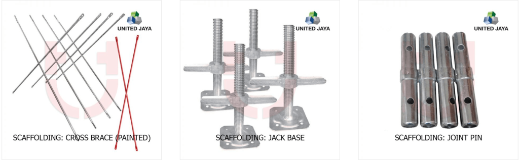 Various components for steel scaffolding available on UNITRADE website.