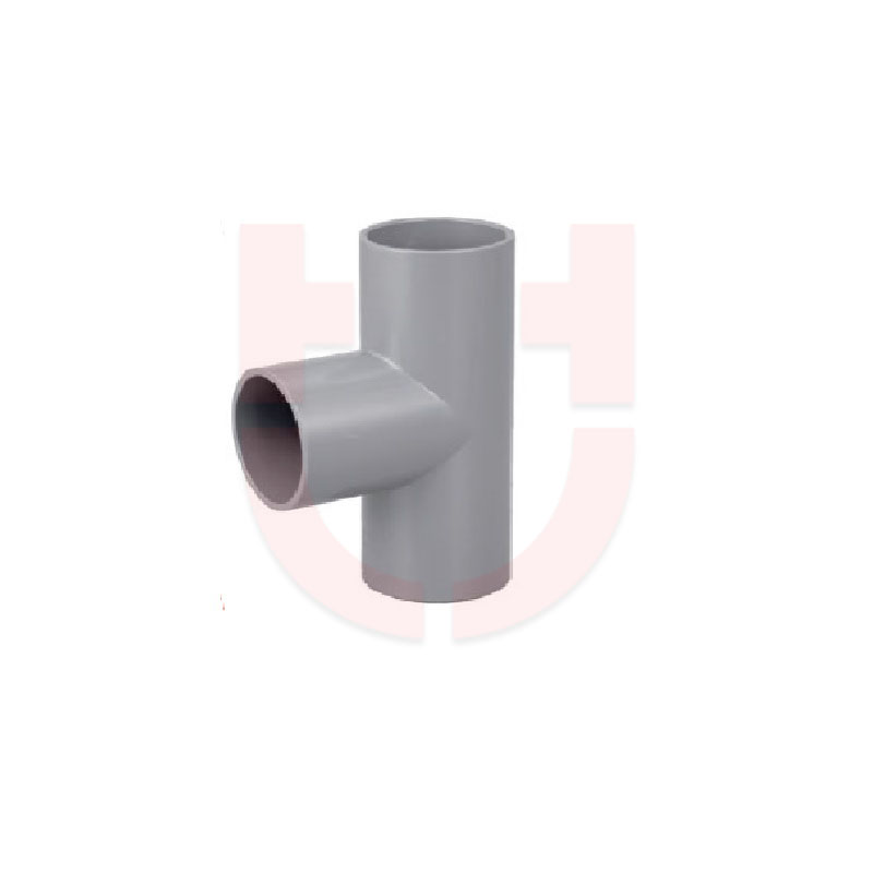 A gray PVC T-joint pipe fitting.